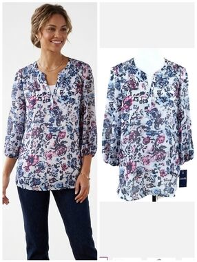Chaps floral long sleeve blouse White With Flowers Women's size large NWT